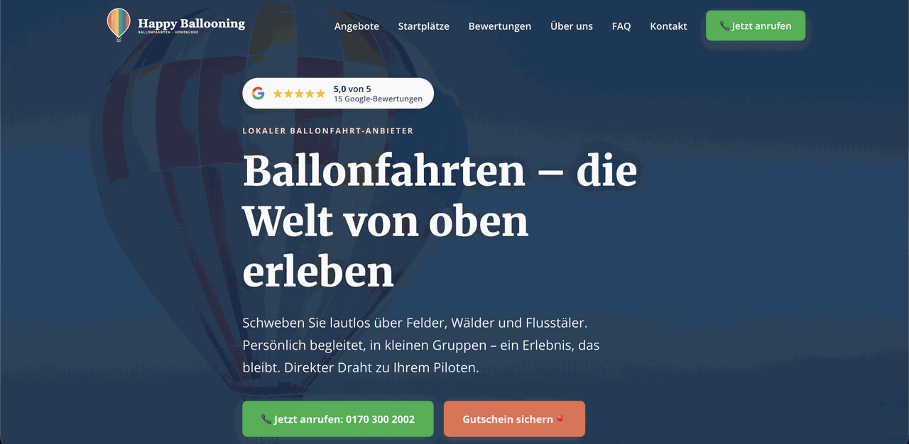 Screenshot der neuen Startseite von happy-ballooning.de mit Ballonfoto, Google-Bewertung und Anruf-Button