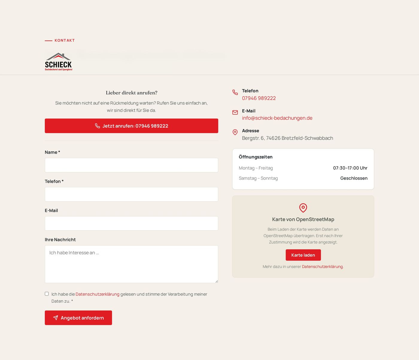 Kontaktbereich der neuen Website mit Anfrageformular, Anruf-Button und Kontaktdaten