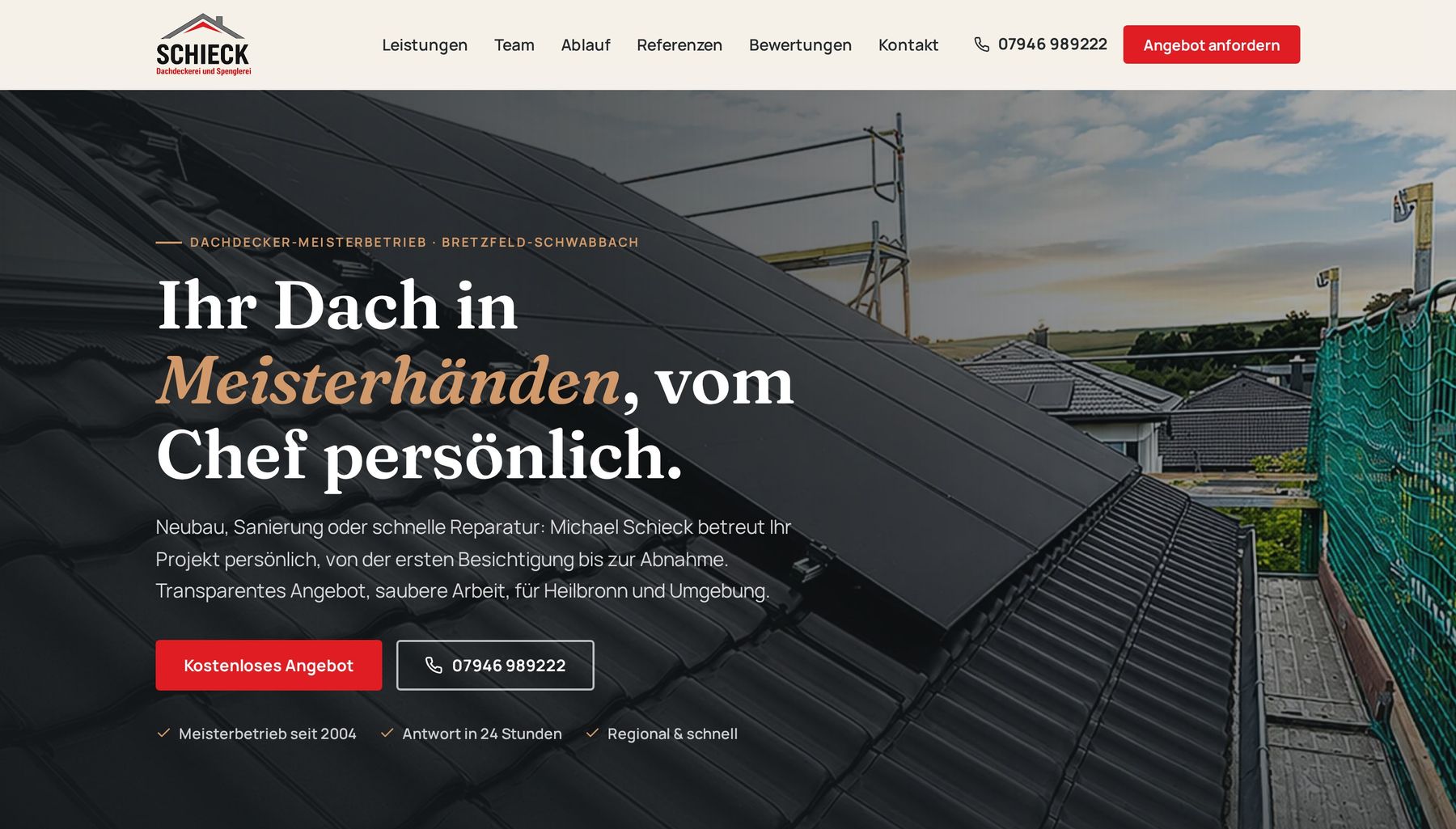 Beispiel einer neuen Website: Startseite von Schieck Bedachungen